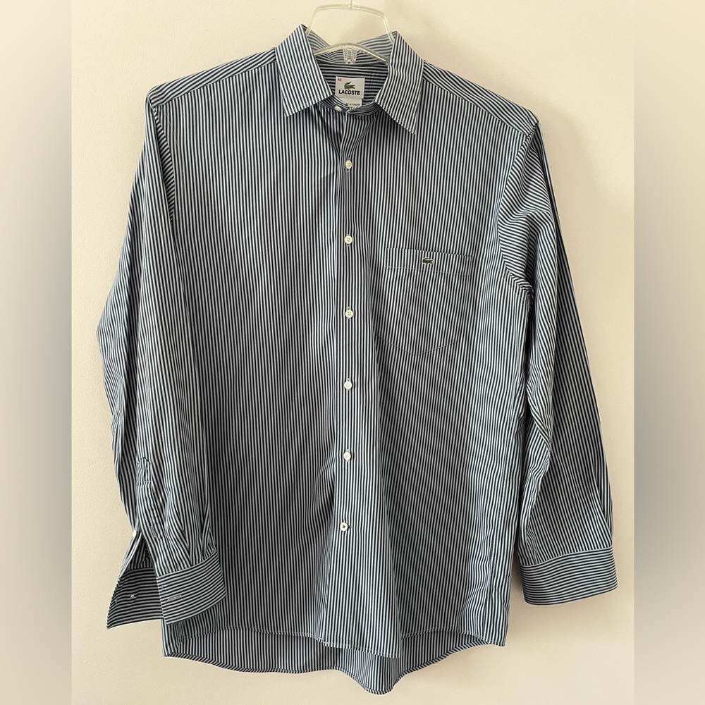 Lacoste Blue Striped Crocodile Logo Button Up Cotton Shirt Size 40 Medium